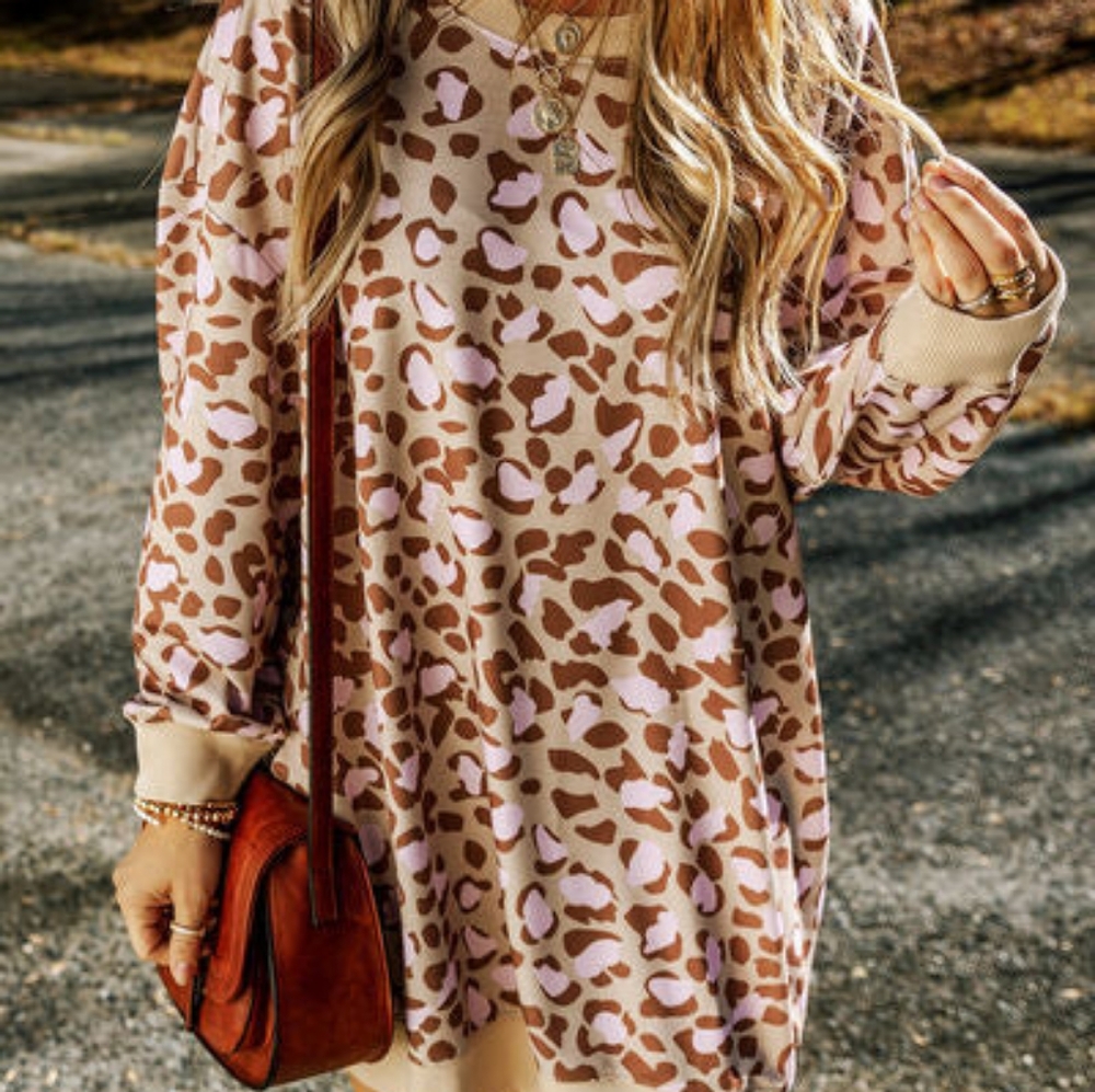 Leopard Print Mini Dress Tan Pink Long Sleeve Round Neck Size SM NWOT - Picture 3 of 4